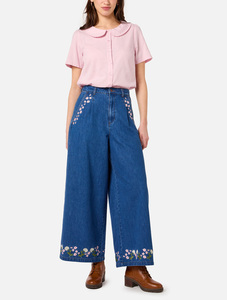 Jeans évasés brodés pour femmes, mode estivale, sur mesure OEM, en coton vintage bleu de haute qualité, coupe large - Product Image 4
