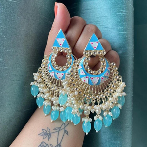 Geometric Chandelier <b>Earrings</b> <b>Green</b> Meenakari Pearl Drops Bohemia Style Women's Party Jewelry - Product Image 5