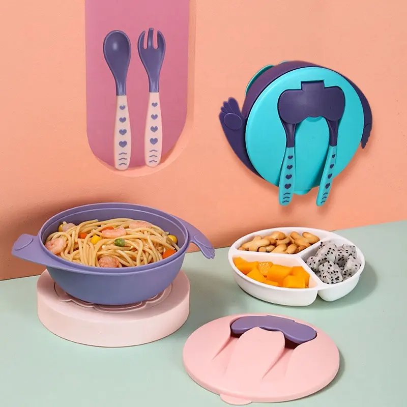 Gran oferta, vajilla no tóxica para bebés sin BPA, cuenco de alimentación para niños, cuenco de grado alimenticio, juego de cuchara y tenedor