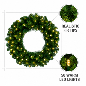 Couronne de Noël pré-éclairée de 24 pouces en <span class=keywords><strong>sapin</strong></span> d'Oregon, 220 aiguilles, verte, artificielle, <span class=keywords><strong>LED</strong></span> blanc chaud, décoration de fêtes, lot de 6, vente au détail, usine OEM - Product Image 4