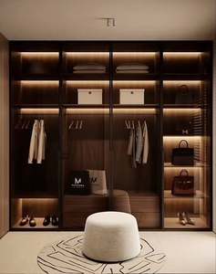 Luxury Modern Walk-in Closet System Custom Italian Style Wardrobe with Glass Doors & LED Lighting Wood Finish Minimalist Style - Product Image 6