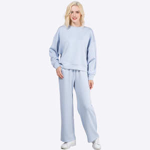 Ensemble de vêtements personnalisés pour femmes, couleur unie, décontracté, col rond, pull, <span class=keywords><strong>pantalon</strong></span> de survêtement, ensemble de costume 2 pièces - Product Image 1