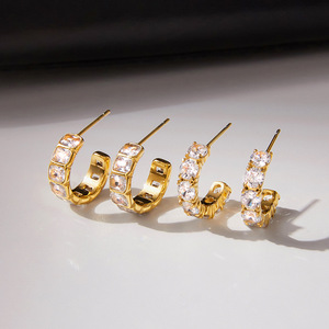 Huggie <b>Earrings</b> Gold Plated Zircon <b>Studs</b> Bezel Setting Everyday Wear Stainless Steel Jewelry Geometric Design - Product Image 2