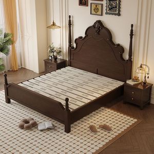 Vintage French Style Solid Wood <b>Poster</b> Bed 1.5M 1.8M Hand Carved Bedroom Furniture - Product Image 1
