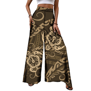 Pantalon large taille haute pour femme, style Puletasi, motif tribal polynésien Elei personnalisé, coupe droite décontractée et respirante - Product Image 4