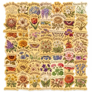 50Pcs Retro Floral Language Decorative Stickers for Bottle Decor Flower Name Sticker