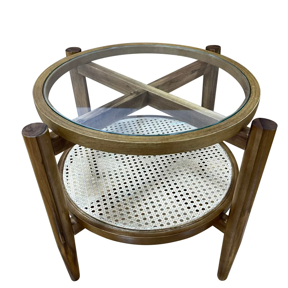 Solid Wood Rattan Coffee Table Double-layer Small Coffee Table Dining Room Living Room Oval Glass Apartment Home Home Furniture