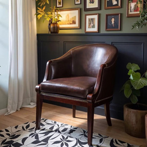 Chaise de salle à manger de luxe industrielle américaine, <span class=keywords><strong>fauteuil</strong></span> vintage en <span class=keywords><strong>cuir</strong></span> et velours <span class=keywords><strong>marron</strong></span>, bois massif, pour hôtel, restaurant, salon, bar - Product Image 1