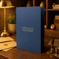 Carpeta de Papel Plegable Personalizada con Impresión, Azul Marino, Laminado Mate, con Logotipo en Dorado, OEM, ODM, Directo de Fábrica