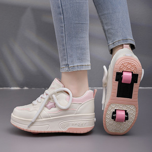 Baskets compensées pour femmes à plateforme, bout rond, à lacets, tige synthétique, semelle extérieure en caoutchouc, rehaussantes, toutes saisons, blanc rose - Product Image 4