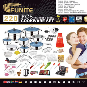 FUNITE Hochwertiges 220-teiliges Edelstahl-Kochgeschirr-Set mit Glasdeckeln, Induktionsgeeignet, Inklusive Küchenutensilien - Product Image 4