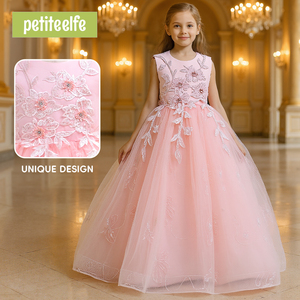 تخصيص أنيق مطرز زهرة فتاة فستان بلا أكمام تول ثوب الأميرة مع القوس الظهر سن 4-12 سنة - Product Image 1