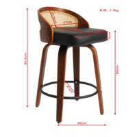 Tabouret de bar pivotant de style vintage au design moderne, avec coussin d'assise épaissi, en bois courbé et rotin, pour comptoir de cuisine