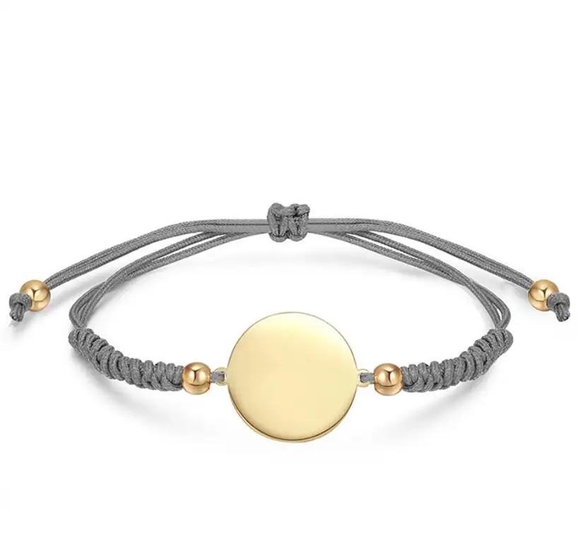 Günstige Bulk Schmuck Edelstahl Frauen 18K Coin Disc verstellbare gewebte geflochtene Seil Armband mit Charme