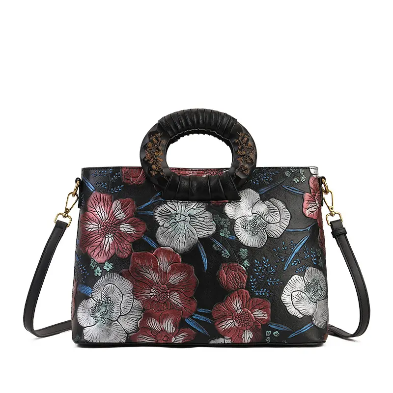 Wholesale High Quality Retro Flower Emboss Printing Tote Bag Vintage Pu Leather Handbags Tote For Women