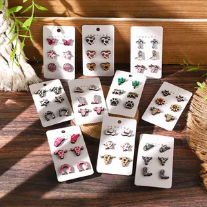 Western Cowboy Style Wooden Stud Earrings Set Creative Cow Pattern Printed Women Girls Vintage Earrings