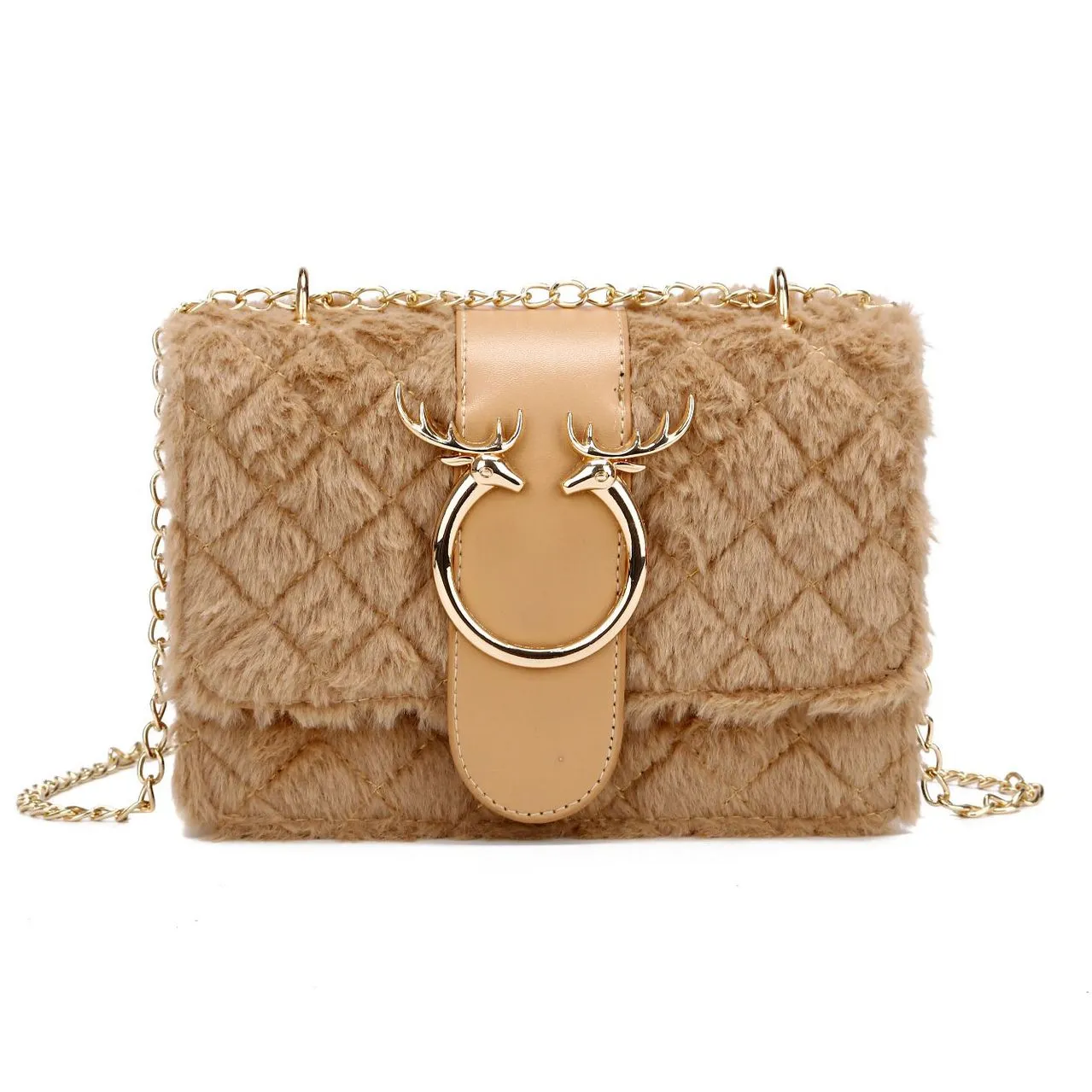 BESTELLA winter gold chain fashion shoulder bag women plush bags women flap square female handbag purses