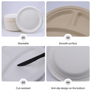 9 pollici 3 scomparti bagassa di canna da zucchero piatto rotondo cibo biodegradabile compostabile contenitore alimenti piatti e piatti - Product Image 3