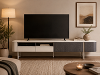Meuble TV de luxe élégant et moderne, en marbre écologique et durable, couleur crème beige, console arrondie pour salon