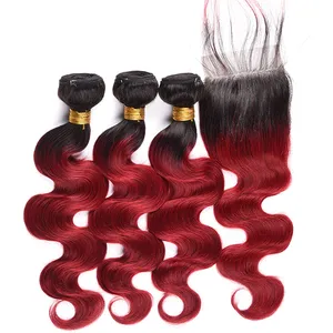 LINDAL मानव बाल विस्तार घुंघराले रंग 1/बरगंडी ombre लाल लहर बाने बंडलों बंद होने के साथ मानव बाल विस्तार