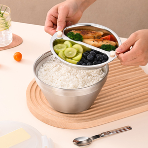 304 stainless steel <b>round</b> double-layer lunch <b>box</b>, with compartments to prevent flavor mixing, includes spoon and chopsticks. - Product Image 1