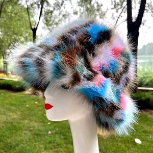 Tie Dye peluche couleur bloquant fausse fourrure seau chapeau femmes floue fête chaud doux multi-couleurs motif renard pêche sport décontracté - Product Image 2