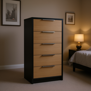 Comò a 5 cassetti nero con finitura in pino wengue e maniglie in metallo, mobile moderno per camera da letto - Product Image 2