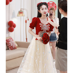 Red Wedding Dress Empire Waist Sweetheart Neckline Ball Gown Long Mesh Contrast Color 3D Patterns Engagement Evening Gown - Product Image 2