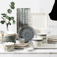 Vaisselle à bord gris et or irrégulier, Style européen, 7 pièces, service de vaisselle de luxe en céramique pour Restaurants