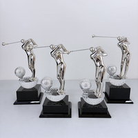 Trophée sportif de balle de golf en cristal de verre de golfeur argenté en métal avec base noire