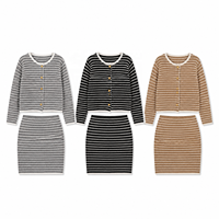 Ensemble deux pièces pull cardigan tricoté rayé boutonné et jupe, personnalisé ODM, pour femme, collection automne-hiver, vente en gros
