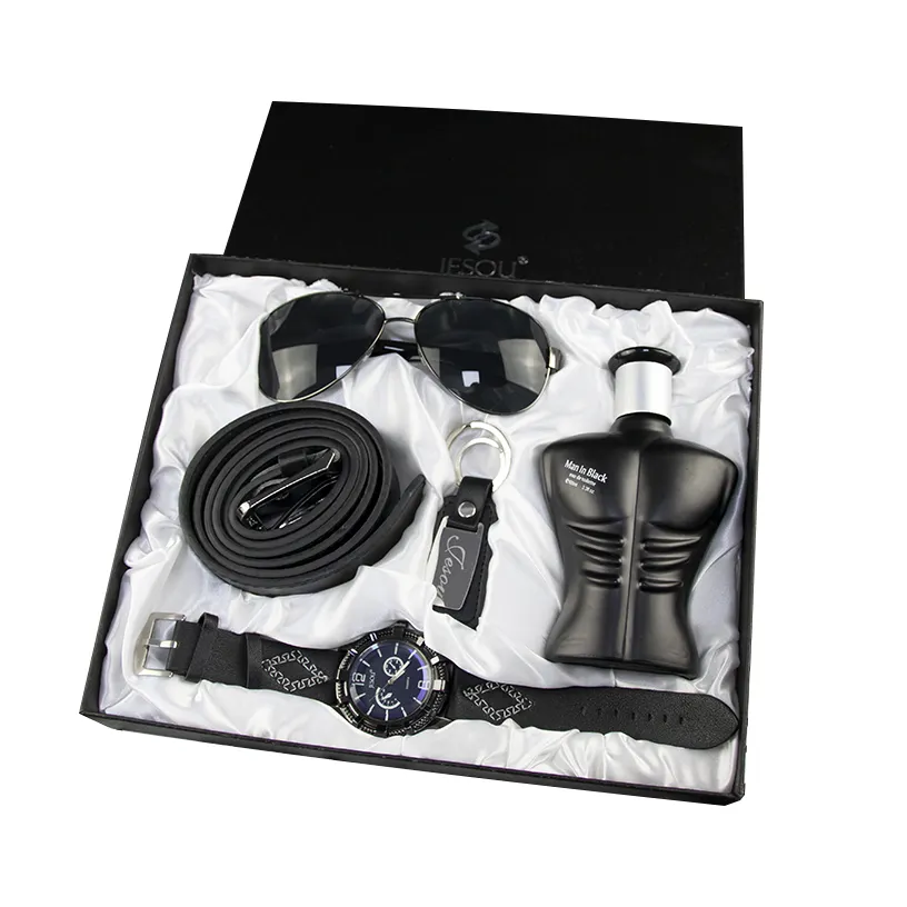RTS New Herren Luxus Set Uhr Geschenk 5 teile/los mit Leder Sonnenbrille Parfüm Schlüssel anhänger Set für Männer <span class=keywords><strong>Freund</strong></span>