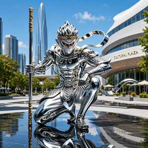 Grande sculpture BZY en acier inoxydable poli miroir du Roi singe mythique Sun Wukong, Art public emblématique, Vente en gros B2B - Product Image 2