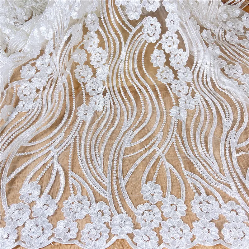 High Quality White Embroidery beaded Luxury Tulle Lace Fabric for Women
