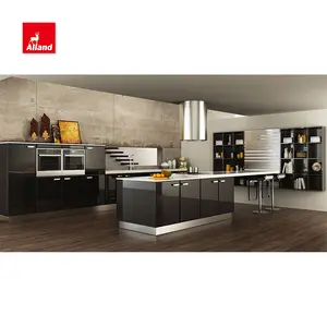 Allandcabinet Modern warna hitam dalam kilau tinggi Lacquer pulau desain papan partikel menjulang desain dapur