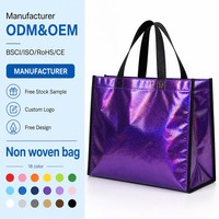 Sac de shopping non tissé holographique irisé avec logo personnalisé OEM, film métallique laser laminé, réutilisable, sac cadeau écologique pour boutique