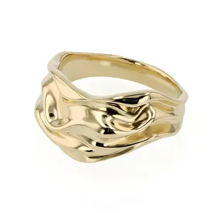Nieuwe Jaar Verguld 925 Sterling Zilver Ripple 14K Gouden Ring Sieraden