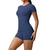 Ensemble de yoga solide à manches courtes avec short élastique taille haute, tenue de sport pour femmes et jeunes filles
