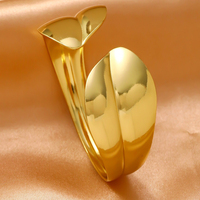 ZH Bracelet jonc ouvert réglable en acier inoxydable, plaqué or 18 carats, avec serti géométrique exagéré et motif fleur et feuille massif
