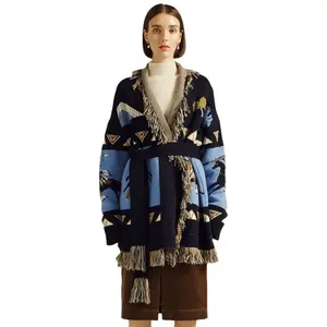 2024 invierno nueva moda mujer Cachemira mezcla de lana de manga larga de talla grande suéter largo jacquard con borlas cárdigans para mujer
