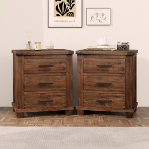 Comodino rustico in legno massello di recupero con tre cassetti, set da due pezzi - Product Image 5