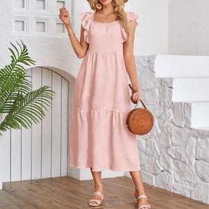 Vestidos de moda para mujer con cuello cuadrado, sin tirantes, mangas volantes y dobladillo plisado - Product Image 2