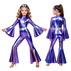 Mono de discoteca para niñas, estilo años 70, metálico, con mangas acampanadas, pantalones acampanados, cinturón, cuello alto, de spandex, ajustado, para espectáculos, fiestas, personalizado - Product Image 2