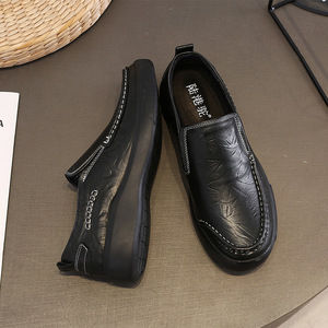 Mocassins pour hommes en cuir de vache, bout rond, chaussures décontractées confortables, couleur unie, semelle extérieure en caoutchouc - Product Image 1