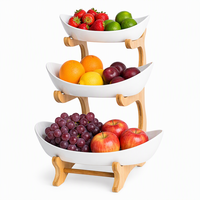 Support de service en bambou à 3 niveaux avec bols en céramique, bol à fruits, plateau à collations, présentoir à desserts pour table à manger