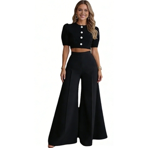 Women's Puff Sleeve Crop Top & Wide Leg <b>Pants</b> Set Button-<b>Down</b> 2-Piece Formal Outfit Fashion - Product Image 1