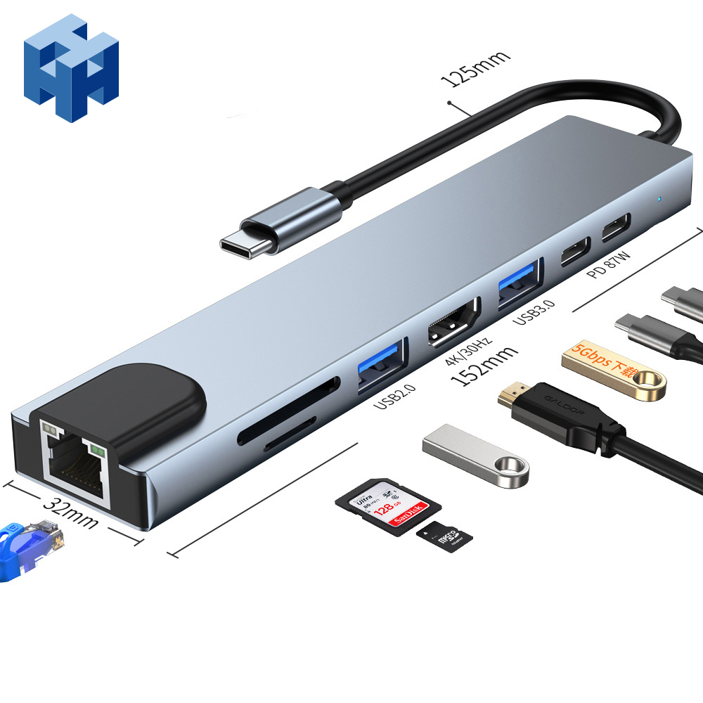 USB C Type-C хаб 8 в 1, адаптер для ноутбука Macbook с 2 портами Ethernet, кардридер для SD/TF карт, 65 Вт, док-станция