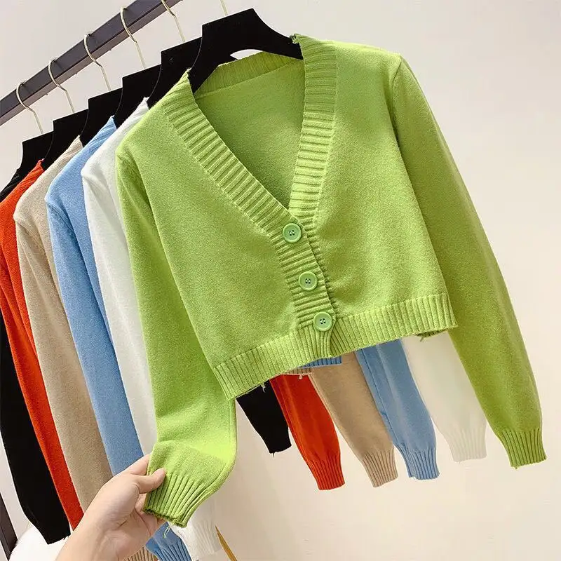 Fashion Women's 2022 Knit Cardigan Jacket Short High Waist Long Sleeve Shawl V-neck Outer Sweater