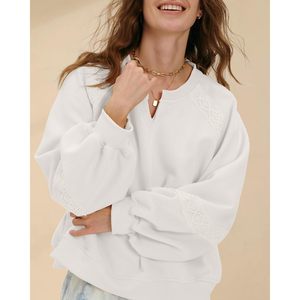 FOXA Sweat-shirt en polaire surdimensionné pour femme, pull court avec détails en dentelle, haut tendance automne, blanc - Product Image 3