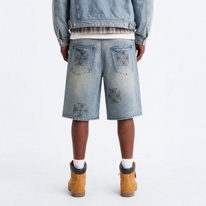 Vintage Faded Light Wash Distressed Cross Embroidered Loose Knee Length Denim Shorts <b>Rip</b> Patch Wide Leg <b>Jean</b> Cutoffs for <b>Men</b> - Product Image 2